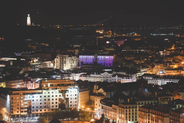 Vacker Natt Supervidvinkel Flygfoto Över Lissabon Portugal Med Hamnen Och — Stockfoto