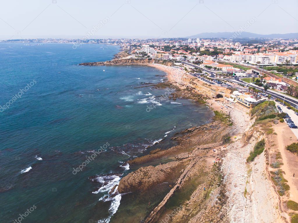 Aerial drone view of Cascais beach, Parede civil parish, Greater Lisbon, Portugal, Atlantic Ocean shor