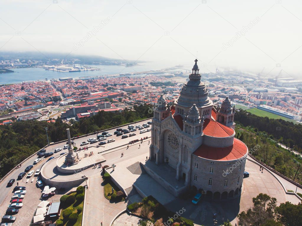Aerial view of Viana do Castelo, Portugal, with Basilica Santa Luzia Church, shot from dron