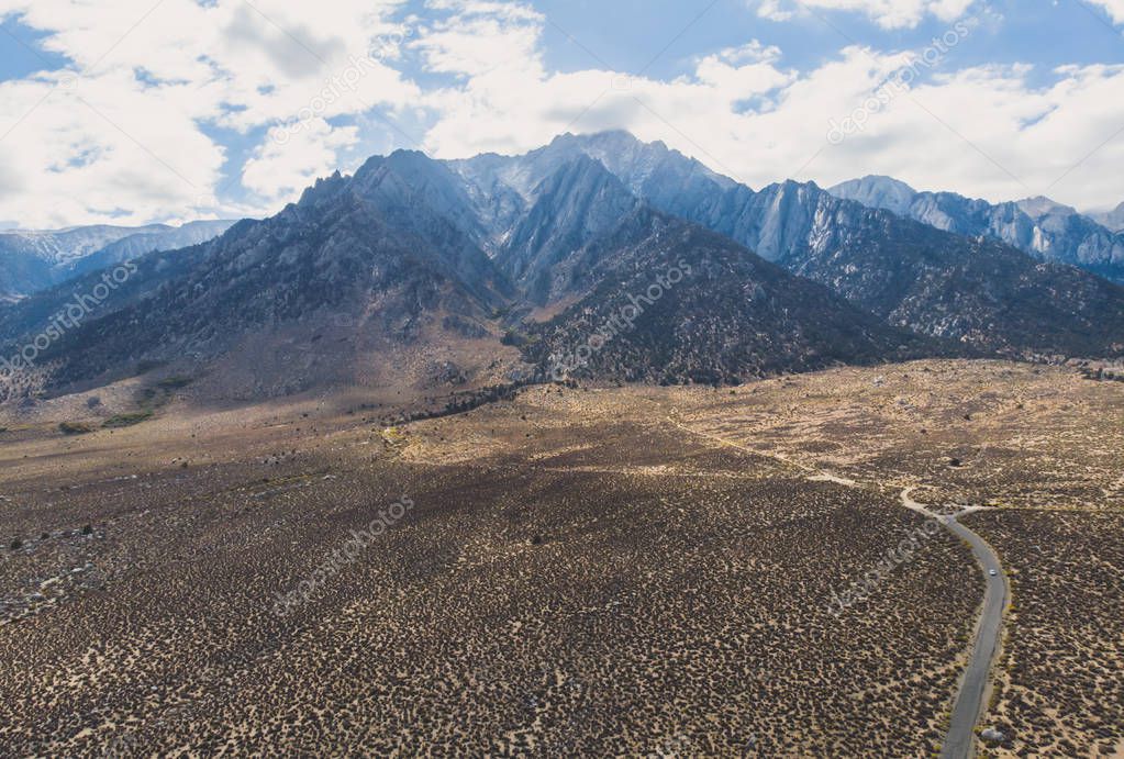 View of Lone Pine Peak, east side of the Sierra Nevada range, the town of Lone Pine, California, Inyo County, United States of America, John Muir Wilderness, Inyo National Forest, shot from dron