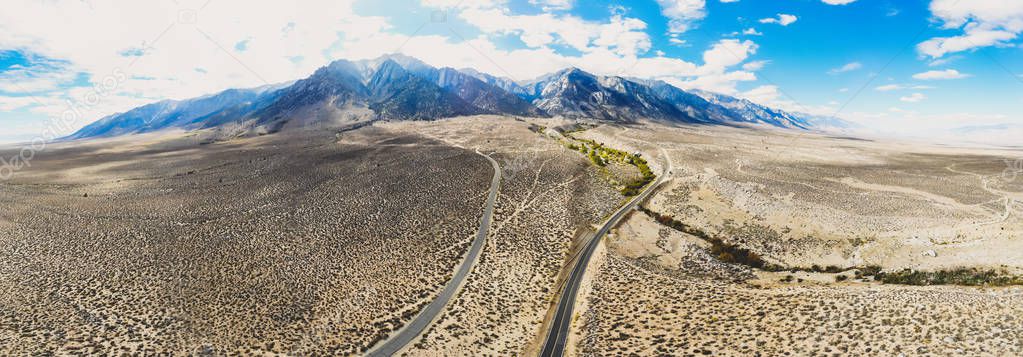 View of Lone Pine Peak, east side of the Sierra Nevada range, the town of Lone Pine, California, Inyo County, United States of America, John Muir Wilderness, Inyo National Forest, shot from dron