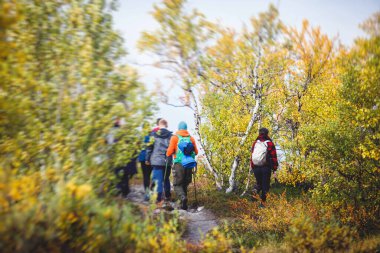 Abisko Milli Parkı, Kiruna Belediyesi, Laponya, Norrbotten İlçesi, İsveç, Abiskojokk Nehri, karayolu ve Nuolja Dağı 'nın sonbahar manzarası Finlandiya, İsveç ve Norwa sınırına yakındır.