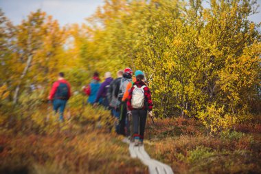 Abisko Milli Parkı, Kiruna Belediyesi, Laponya, Norrbotten İlçesi, İsveç, Abiskojokk Nehri, karayolu ve Nuolja Dağı 'nın sonbahar manzarası Finlandiya, İsveç ve Norwa sınırına yakındır.