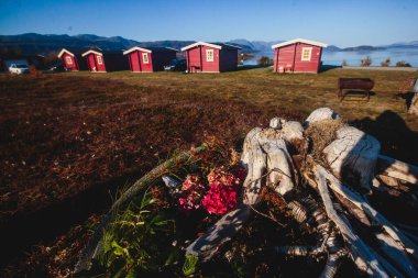 Geleneksel ahşap kırmızı kulübeleriyle klasik Norveç kamp alanı manzarası, Kuzey Norwa