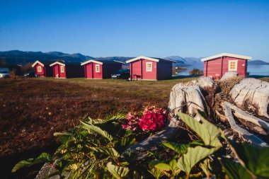 Geleneksel ahşap kırmızı kulübeleriyle klasik Norveç kamp alanı manzarası, Kuzey Norwa