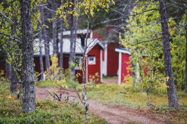Geleneksel ahşap kulübe evleri olan klasik İsveç kamp alanı manzarası, Laponya, Kuzey İsveççe
