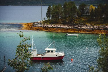 Efjorden fiyortu, Ballangen belediyesi, Nordland ilçesi, Ofoten ilçesi, Norveç 'in Efjord Köprüsü, Stortinden dağı, Kuzey Norwa' nın klasik soğuk panoramik manzarası