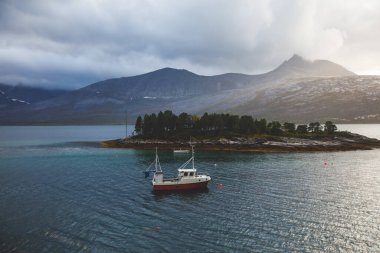 Efjorden fiyortu, Ballangen belediyesi, Nordland ilçesi, Ofoten ilçesi, Norveç 'in Efjord Köprüsü, Stortinden dağı, Kuzey Norwa' nın klasik soğuk panoramik manzarası