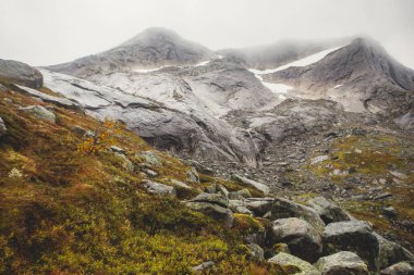 Norveç 'in Fortopp Tepesi' ne yürüyüşü sırasında Stetind, Kuzey Norveç, Nordland, Tysfjord, Ofoten belediyesi, fiyort ve lak manzaralı dağ manzarası