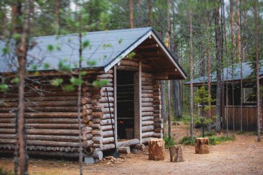 Finnish Ulusal Parkı manzarası: Ahşap kulübe, kulübe kulübesi, ahşap asma köprü, ahşap merdiven basamakları, kamp alanı, masa, ateş çukuru, bank ve Oulanka, Lapland, Finlandiya