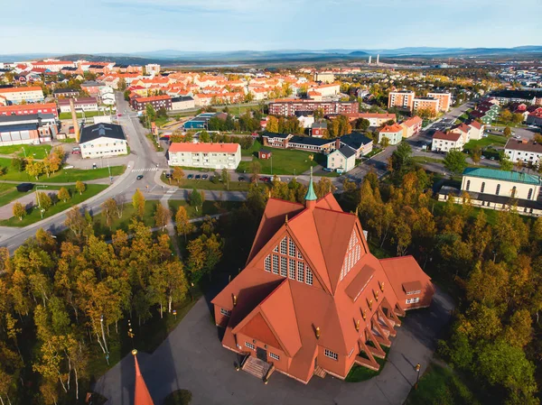 Aerial summer sunny view of Kiruna, the northernmost town in Sweden, province of Lapland, Norrbotten County, picture shot from dron — Stock Image Aerial Summer Sunny View Kiruna Northernmost Town Sweden Province Lapland Stock Photo