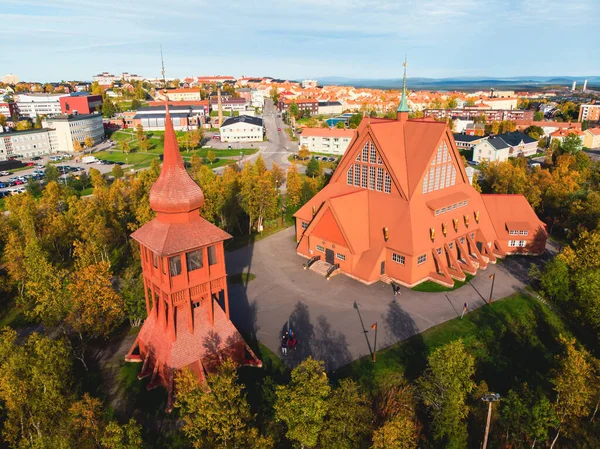 Aerial summer sunny view of Kiruna, the northernmost town in Sweden, province of Lapland, Norrbotten County, picture shot from dron — Stock Image Aerial Summer Sunny View Kiruna Northernmost Town Sweden Province Lapland Royalty Free Stock Images