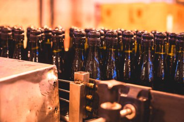 Taşıma bandındaki cam şişelerin görüntüsü, üretim hattındaki şişe boyunları, bira fabrikası ekipmanları, şarap fabrikasının içi, alkol üretimi süreci...