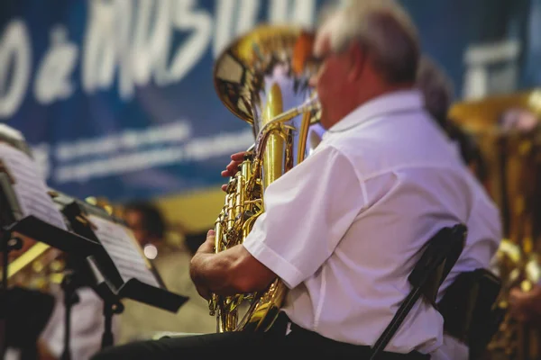 Veduta Concerto Orchestra Jazz Tubist Tuba Suonatore Esibisce Con Banda — Foto Stock