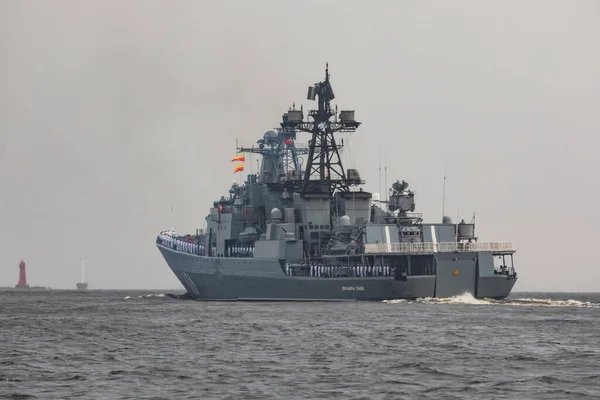 View of Russian Navy, modern russian military naval battleships warships in the row, northern fleet and baltic sea fleet, summer sunny day during the military exercise