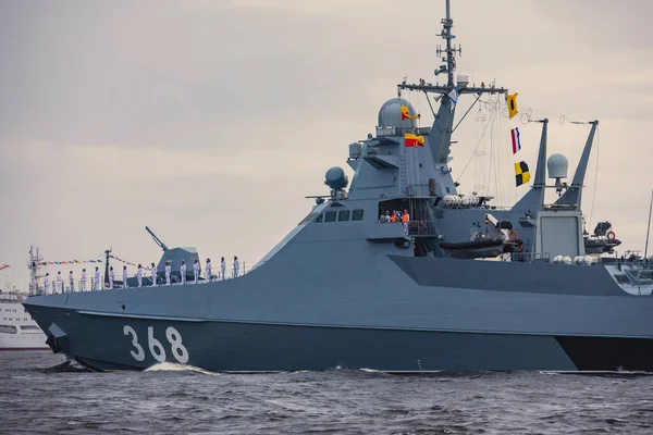 View of Russian Navy, modern russian military naval battleships warships in the row, northern fleet and baltic sea fleet, summer sunny day during the military exercise