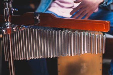 Mark Tree 'de perküsyonist baterist performans, seçici odak ve profesyonel bar çanları, davul aksesuarları, konser sırasında arka planda davul çalan bir adamın bulanık görüntüsü üzerine yakın çekim.