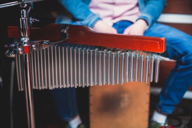 Mark Tree 'de perküsyonist baterist performans, seçici odak ve profesyonel bar çanları, davul aksesuarları, konser sırasında arka planda davul çalan bir adamın bulanık görüntüsü üzerine yakın çekim.