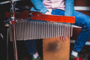 Mark Tree 'de perküsyonist baterist performans, seçici odak ve profesyonel bar çanları, davul aksesuarları, konser sırasında arka planda davul çalan bir adamın bulanık görüntüsü üzerine yakın çekim.