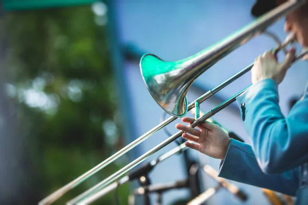 Concert View Trombone Player Trombonist Musical Jazz Band Group Performin — Stock Photo, Image