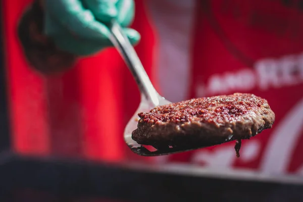 Processus Cuisson Des Hamburgers Classiques Avec Bœuf Plein Air Vue — Photo