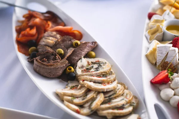 Beautifully Decorated Catering Banquet Table Different Food Snacks Appetizers Corporate — Stock Photo, Image