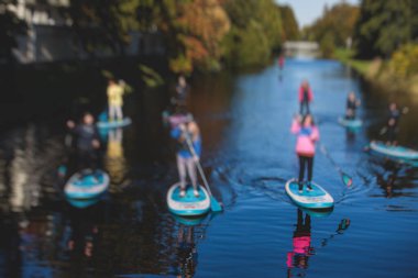 Bir grup sup sörfçüsü ayağa kalkar, kadınlar şehrin nehri ve kanalında yazın güneşli havalarda birlikte kürek çeker.