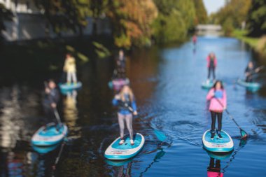 Bir grup sup sörfçüsü ayağa kalkar, kadınlar şehrin nehri ve kanalında yazın güneşli havalarda birlikte kürek çeker.