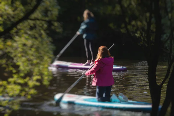 Grupa Surferów Wstać Paddle Board Kobiety Wstać Wiosła Razem Mieście — Zdjęcie stockowe