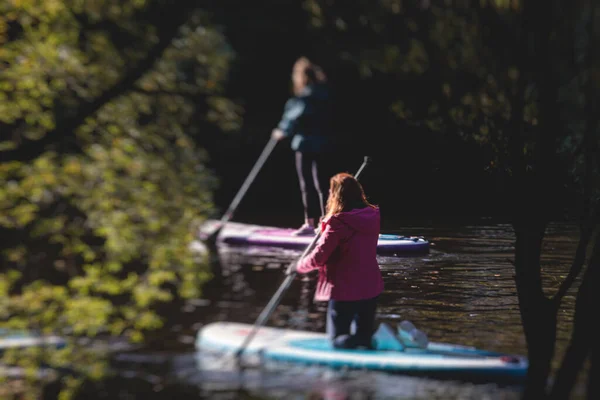 Grupa Surferów Wstać Paddle Board Kobiety Wstać Wiosła Razem Mieście — Zdjęcie stockowe