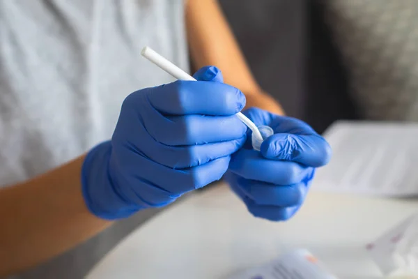 Process Coronavirus Testing Examination Home Covid Swab Collection Kit Test — Stock Photo, Image