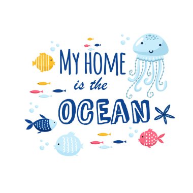 şirin yaratıcı okyanus Tema tasarım şablonlarla kartlar. Vektör karikatür çizim. Doğum günü, yıldönümü, parti davetiyeleri, karalama defteri için elle çizilmiş kartı.