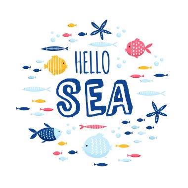 şirin yaratıcı okyanus Tema tasarım şablonlarla kartlar. Vektör karikatür çizim. Doğum günü, yıldönümü, parti davetiyeleri, karalama defteri için elle çizilmiş kartı.