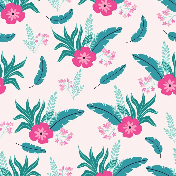 Motif Sans Couture Avec Des Feuilles Des Fleurs Palmier Tropical — Image vectorielle