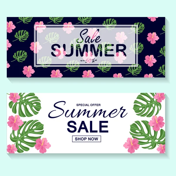 Sommerschlussverkauf Banner Plakat Mit Palmblättern Blumen Dschungelblatt Und Handgeschriebenem Schriftzug — Stockvektor