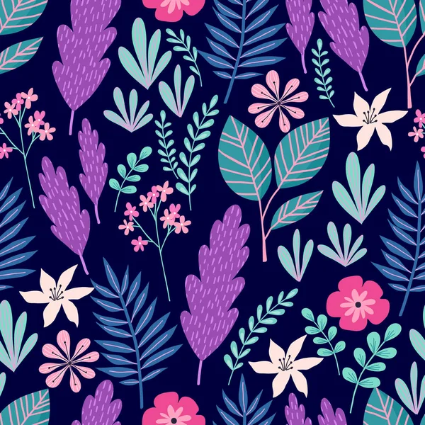Seamless pattern with tropical palm leaves and flowers. Vector illustration. — Stock Vector