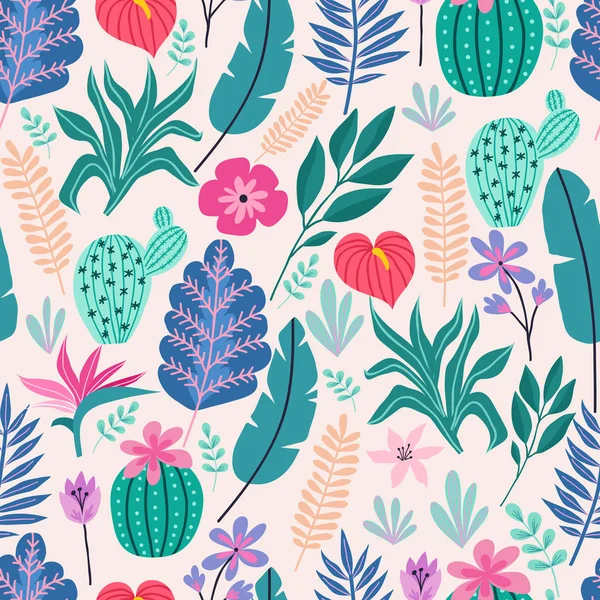 Motif sans couture avec des feuilles et des fleurs de palmier tropical. Illustration vectorielle . — Image vectorielle