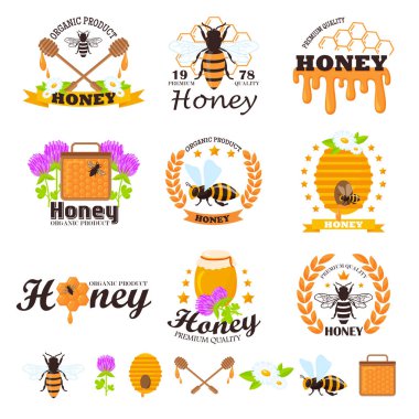 Tatlım logo ürünleri için bal ve arı etiket kümesi