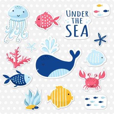 Sevimli deniz öğeleri kartları ve çıkartmaları için büyük kümesi. Deniz tema tasarım. Yıldönümü, Doğum günü, parti davetiyeleri, scrapbooking, kartları için. Vektör çizim