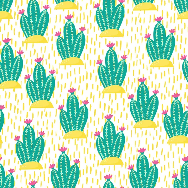 Seamless Pattern Cactus Flowers Green Pink Cream Background — Stock Vector