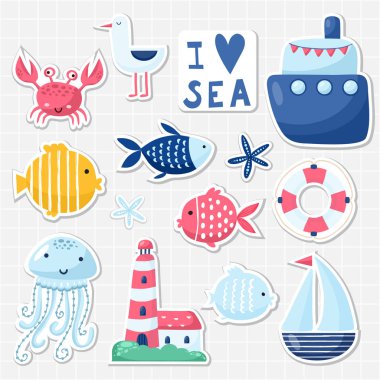 Sevimli deniz öğeleri kartları ve çıkartmaları için büyük kümesi. Deniz tema tasarım. Yıldönümü, Doğum günü, parti davetiyeleri, scrapbooking, kartları için. Vektör çizim