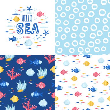 Büyük kartları ve çıkartmaları için sevimli deniz öğelerin ayarlayın. Deniz karikatür kalıpları. Yıldönümü, Doğum günü, parti davetiyeleri, scrapbooking, T-shirt, kartları. Vektör çizim