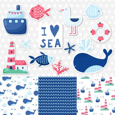 Büyük kartları ve çıkartmaları için sevimli deniz öğelerin ayarlayın. Deniz karikatür kalıpları. Yıldönümü, Doğum günü, parti davetiyeleri, scrapbooking, T-shirt, kartları. Vektör çizim