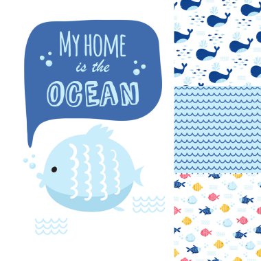 Büyük kartları ve çıkartmaları için sevimli deniz öğelerin ayarlayın. Deniz karikatür kalıpları. Yıldönümü, Doğum günü, parti davetiyeleri, scrapbooking, T-shirt, kartları. Vektör çizim