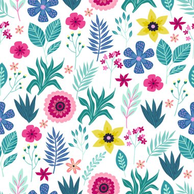 Soyut tropikal palmiye yaprakları ve çiçekleri ile Seamless modeli. Vektör çizim.