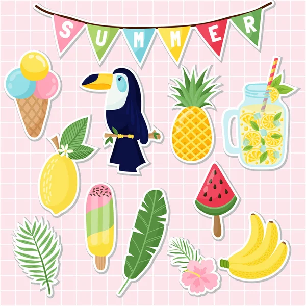 Verzameling Van Leuke Zomer Stickers Schattig Flamingo Cactussen Palm Bladeren — Stockvector