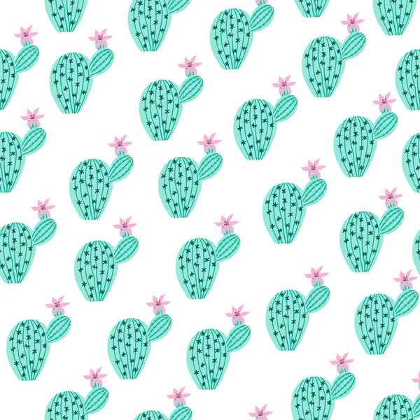 Seamless Pattern Cactus Flowers Green Pink Cream Background — Stock Vector