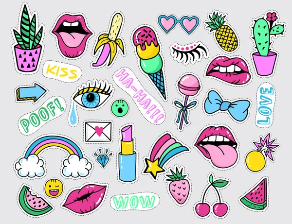 Ayarla moda yamalari, şirin pastel rozetleri, eğlenceli simgeler 90'lı yılların vectorin retro kavramı