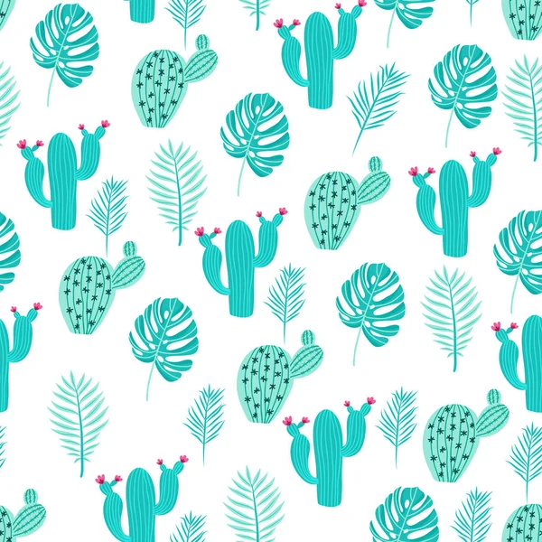 Seamless Pattern Cactus Flowers Green Pink Cream Background — Stock Vector