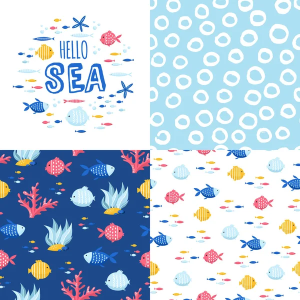 Büyük kartları ve çıkartmaları için sevimli deniz öğelerin ayarlayın. Deniz karikatür kalıpları. Yıldönümü, Doğum günü, parti davetiyeleri, scrapbooking, T-shirt, kartları. Vektör çizim